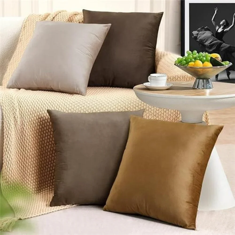Velvet Throw Pillow Covers 18x18 Set of 4 Brown Decorative Cushion Cases for Sof
